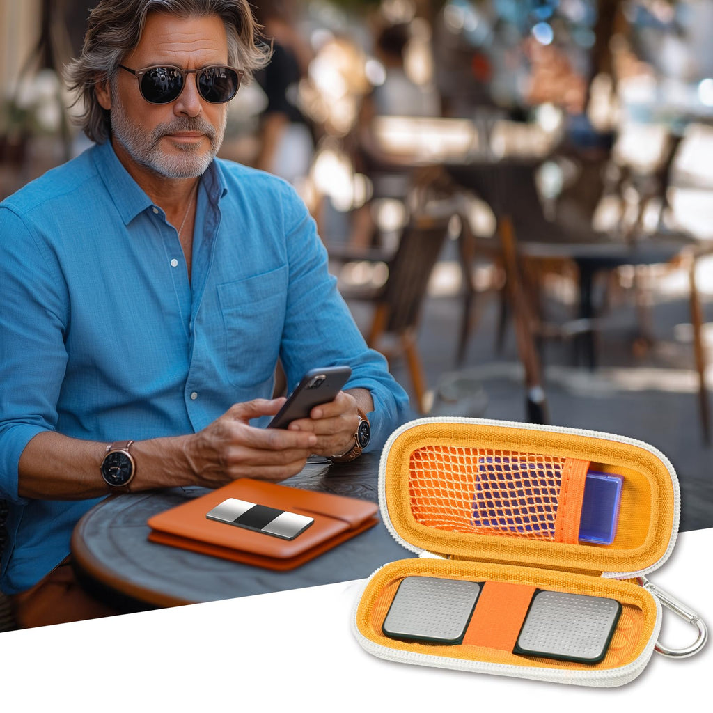 Man checking heart rhythm results beside the open orange for KardiaMobile organizer