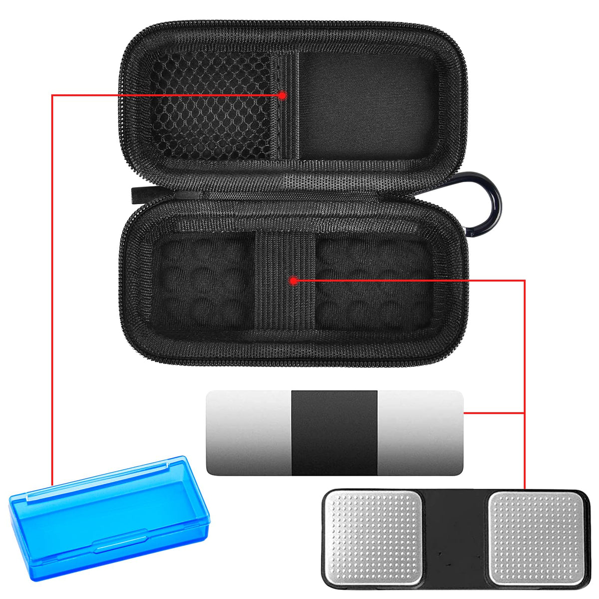 Open black for KardiaMobile case with mesh pocket, sensor area, and accessory compartments