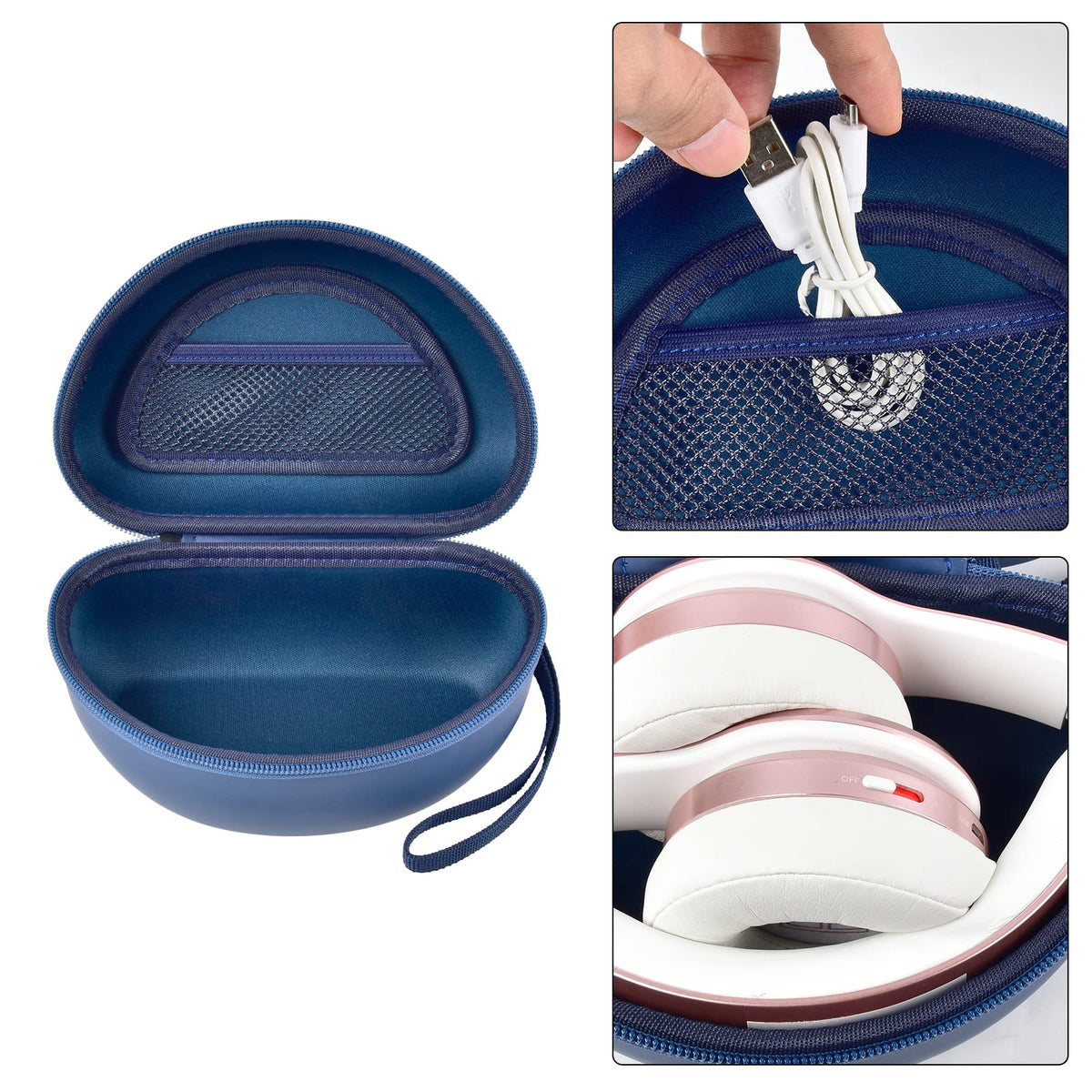 Navy blue headphone case with hard EVA shell, strong zipper, and carrying strap