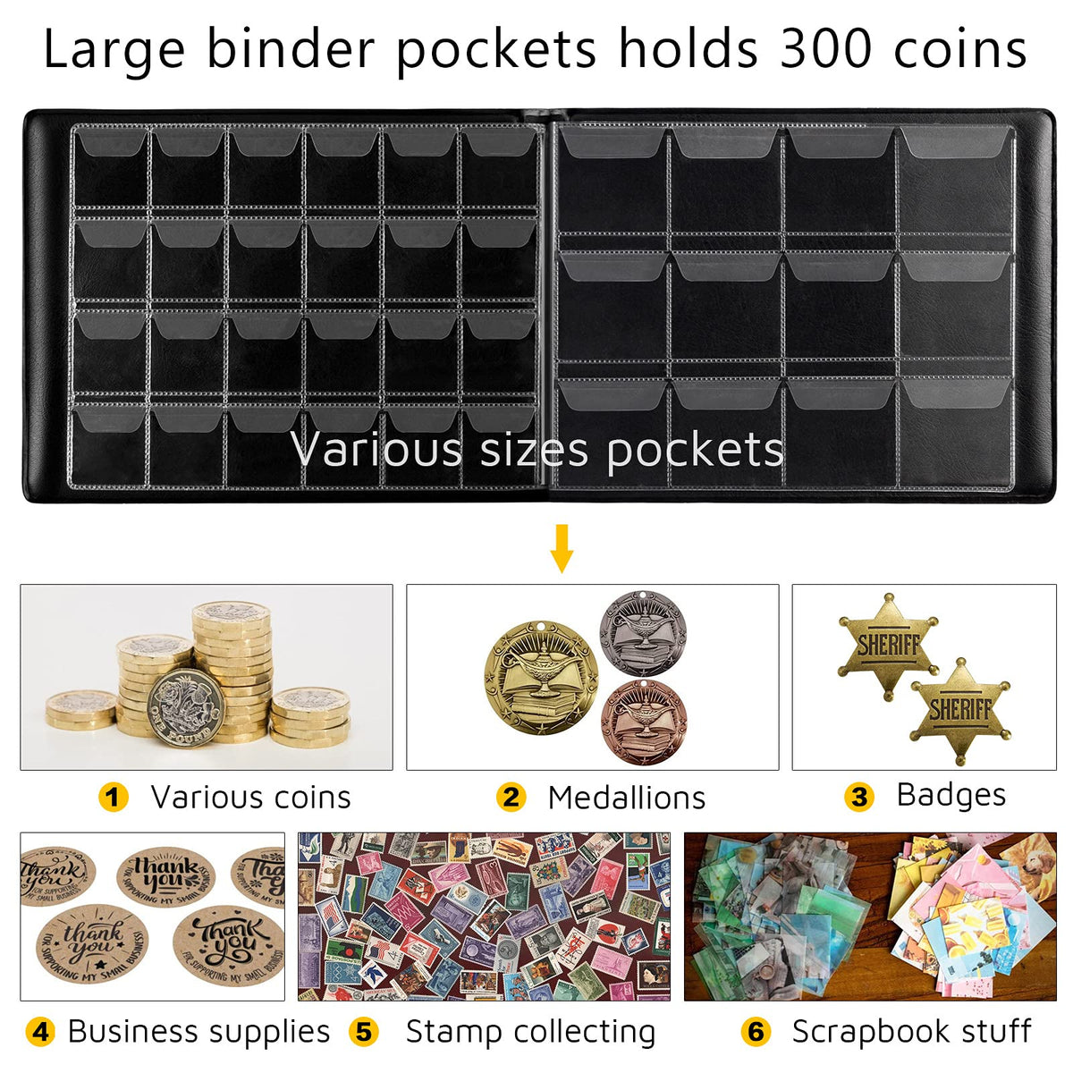 Large coin album pockets for storing coins, medallions, badges, stamps, and scrapbook pieces