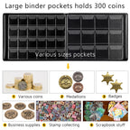 Large album pockets for coins, medallions, badges, stamps, business supplies, and scrapbook pieces