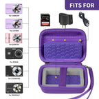 Open purple compact camera case shown with compatible for Kodak, for Canon, and for Sony cameras