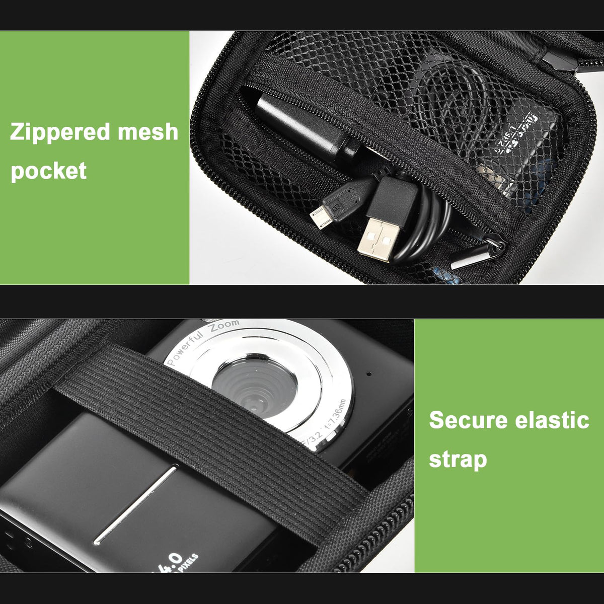 Black protective digital camera case scratch-resistant shell, zipper and wrist strap detail