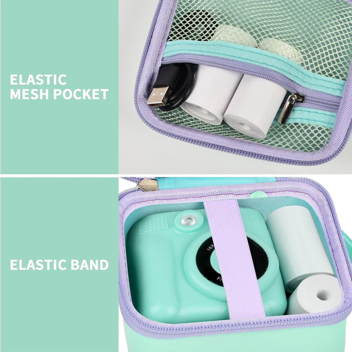 Mint green kids instant print camera case interior mesh pocket and elastic strap detail