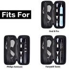 Open black electric toothbrush travel case shown with for Oral-B and for Philips Sonicare handles