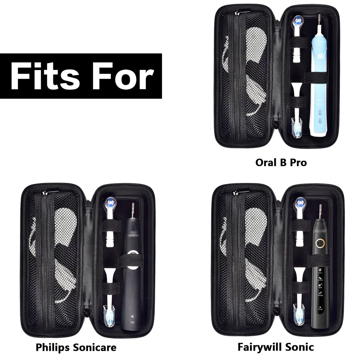 Open black electric toothbrush travel case shown with for Oral-B and for Philips Sonicare handles