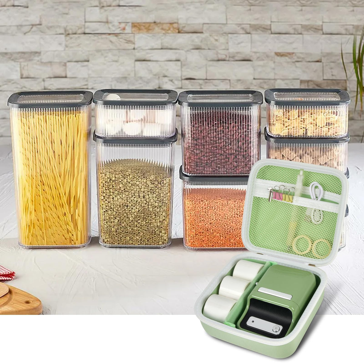 Open light green for NIIMBOT case organizing a label maker and accessories in a kitchen