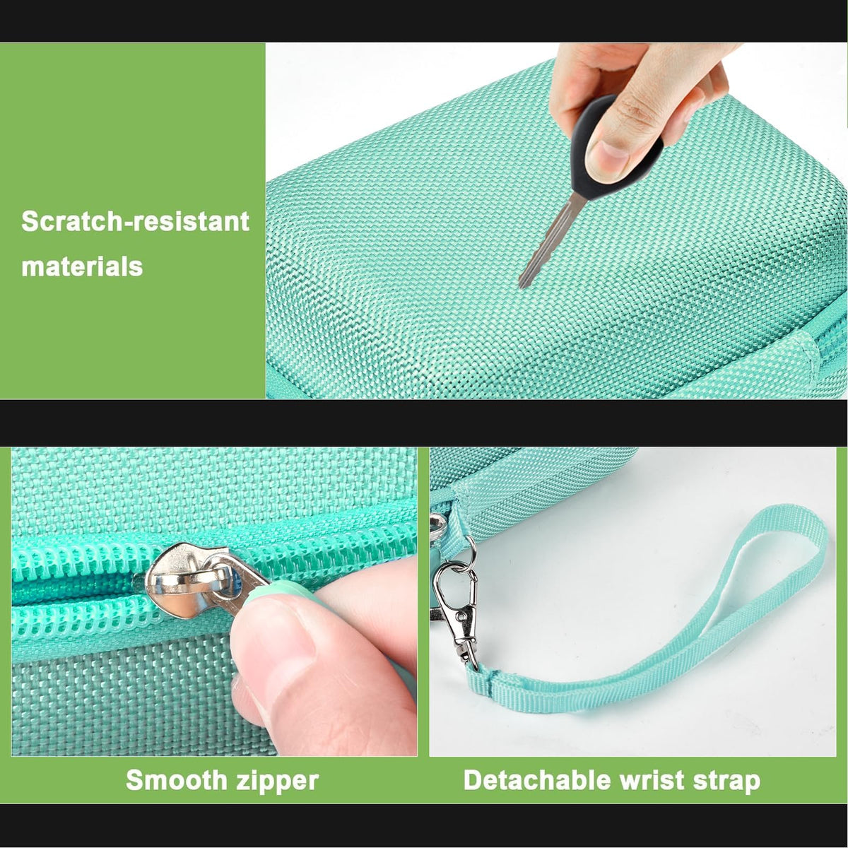 Mint green protective digital camera case scratch-resistant shell, zipper and wrist strap detail