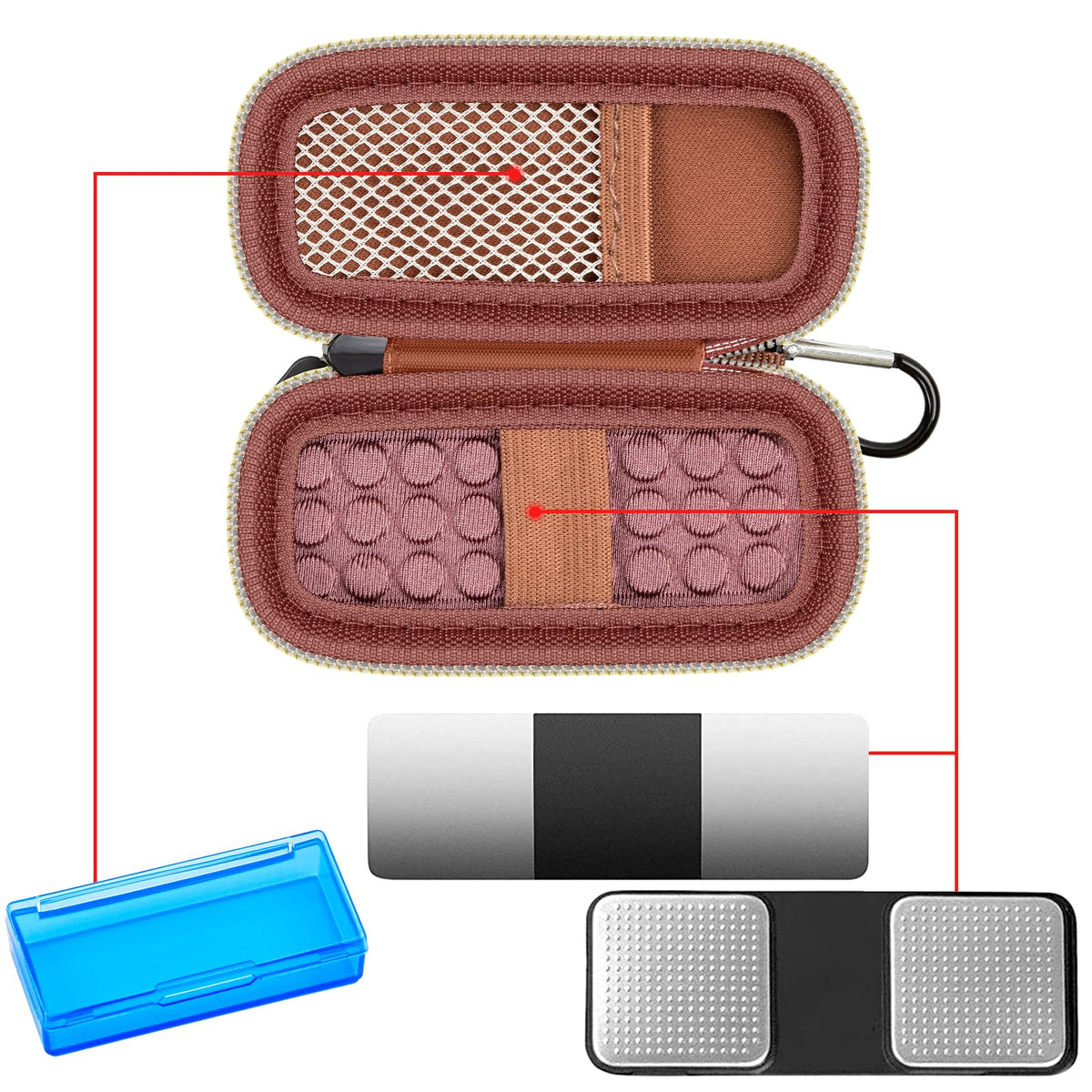 Open rose gold for KardiaMobile case with mesh pocket, sensor area, and accessory compartments