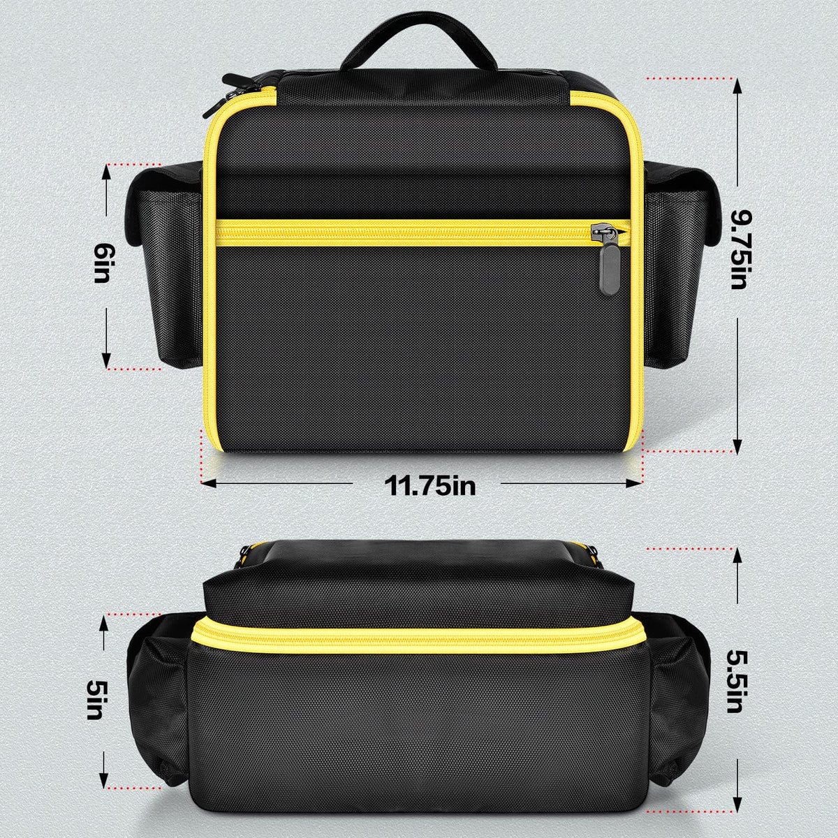 Black and yellow compressor bag dimensions: 11.75 by 9.75 by 6 inches