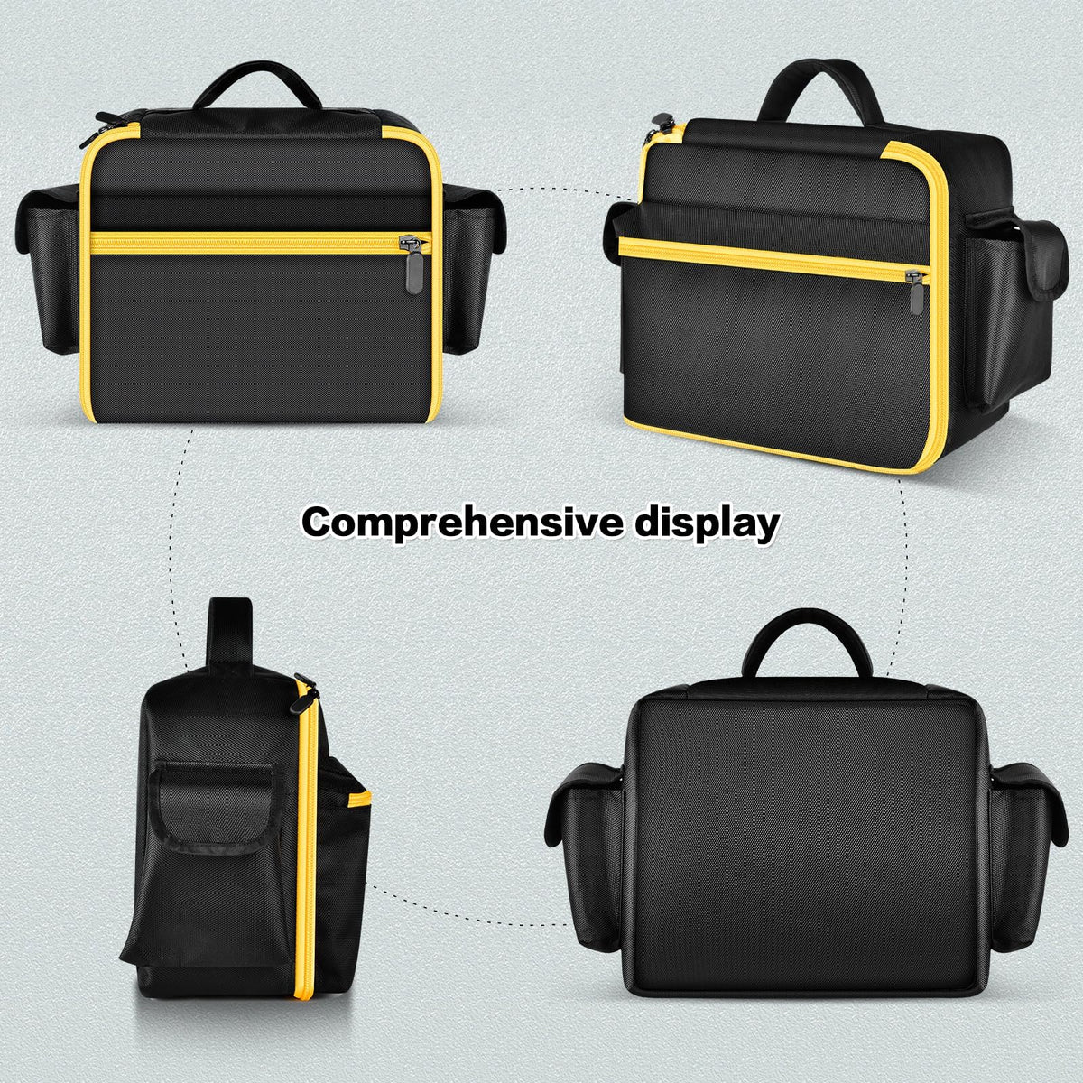 Black and yellow portable air compressor bag shown from front, back, side, and bottom