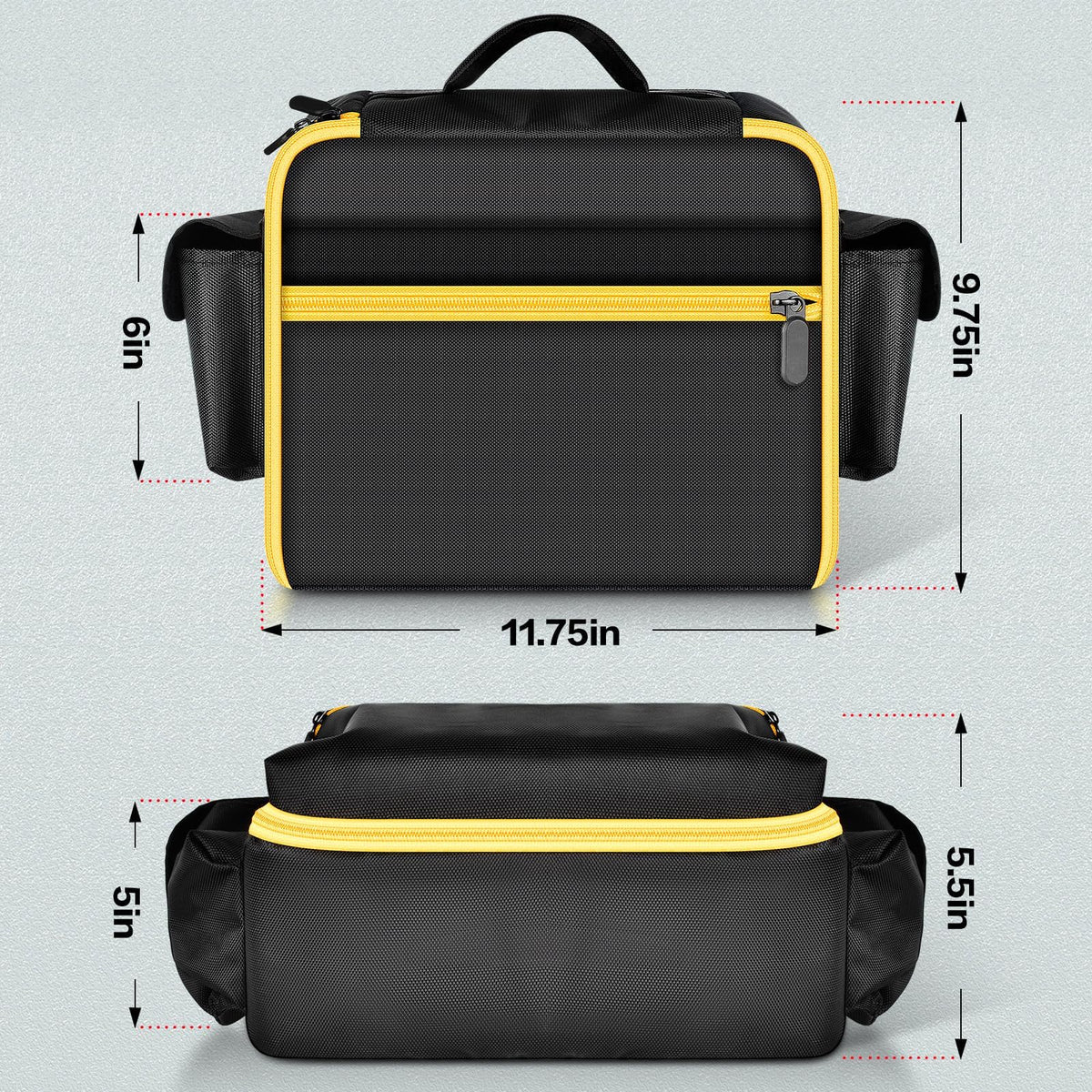 Black and yellow air compressor bag dimensions: 11.75 by 9.75 by 6 inches